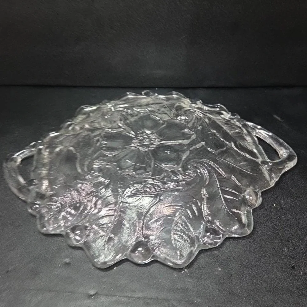 Indiana Glass Handled Serving‎ Tray, Vtg Embossed Wild Roses Design, Centerpiece